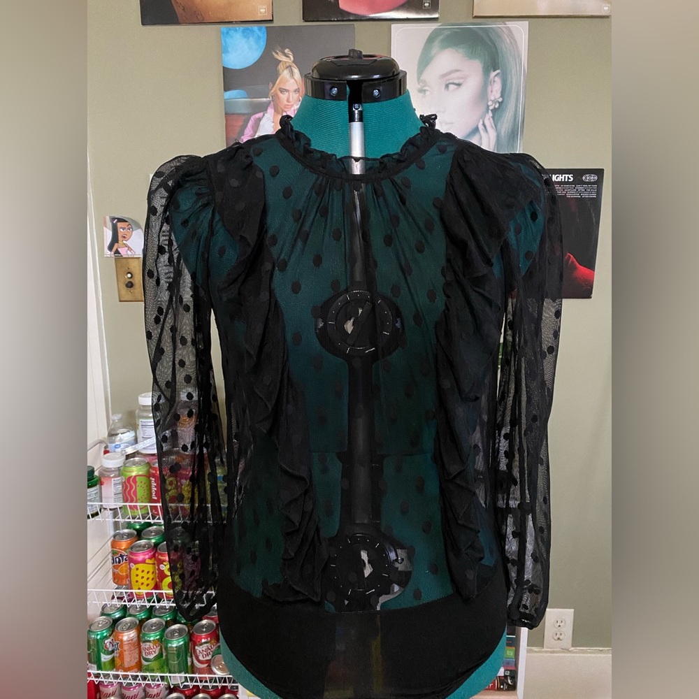 Black Long Sleeve Mesh Bodysuit with Ruffle and Polka Dots